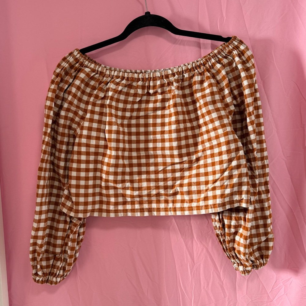 Brown Gingham Off-Shoulder Top by Giddy Up Goods